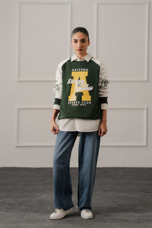 Green Relaxed Fit Varsity Sweatshirt - Hustle N Holla