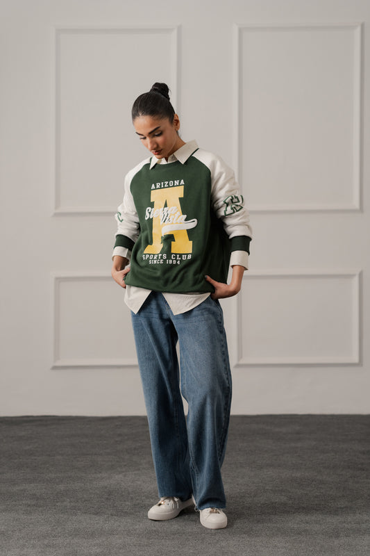 Green Relaxed Fit Varsity Sweatshirt - Hustle N Holla