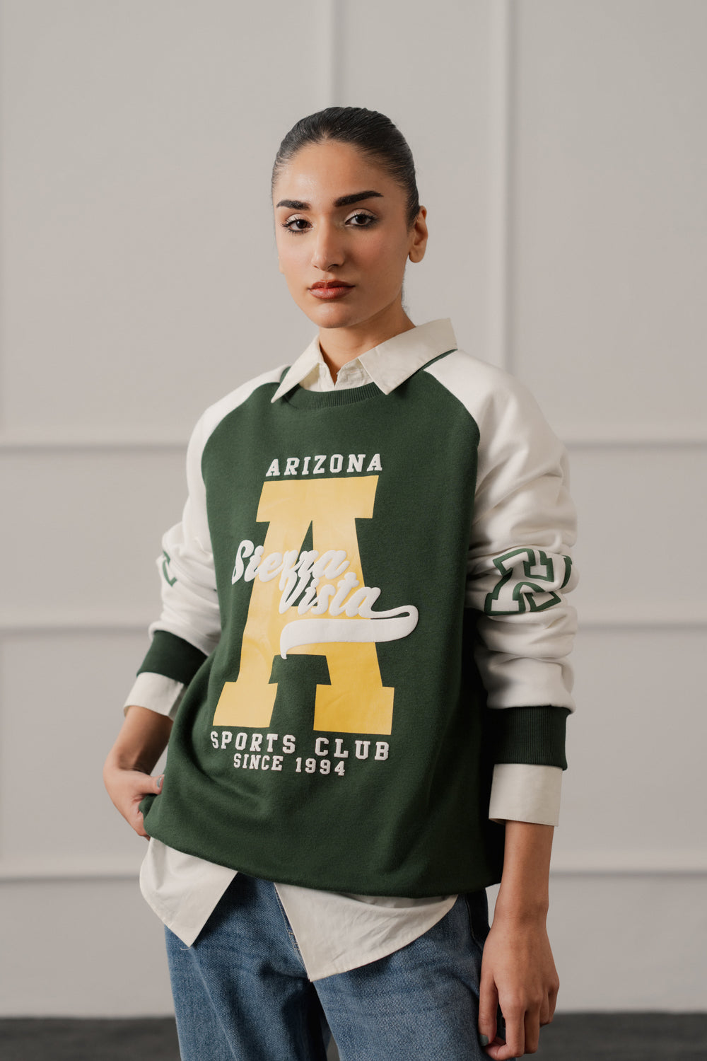 Green Relaxed Fit Varsity Sweatshirt - Hustle N Holla