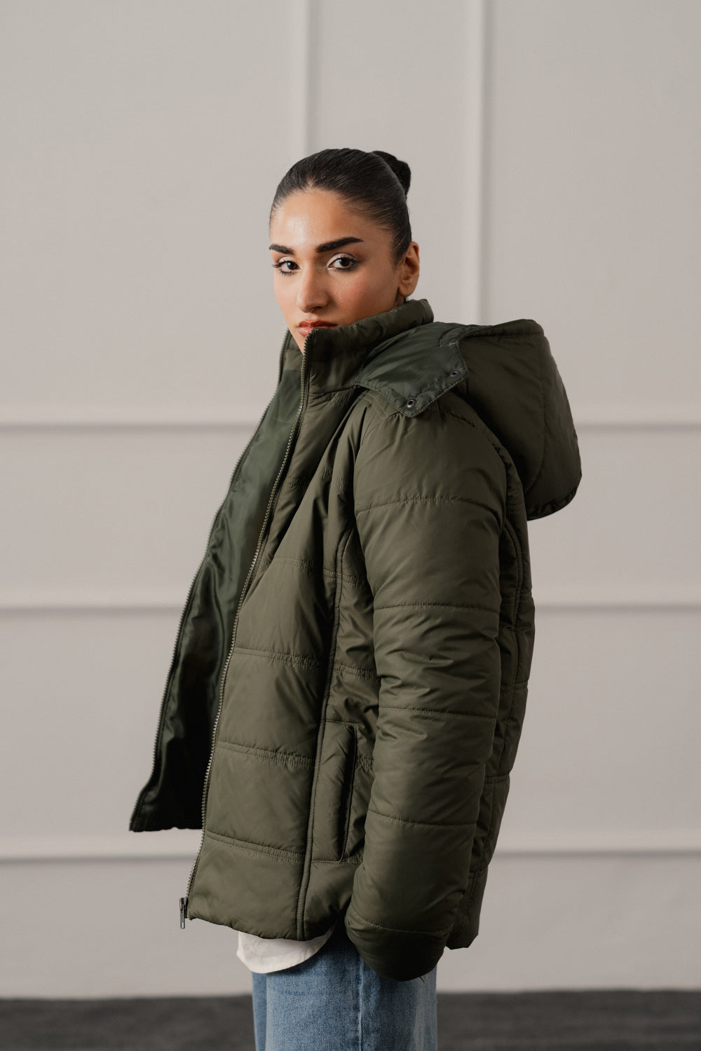 Green Relaxed Fit Hooded Puffer Jacket - Hustle N Holla