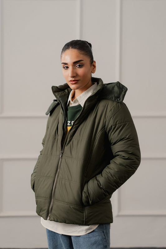 Green Relaxed Fit Hooded Puffer Jacket - Hustle N Holla