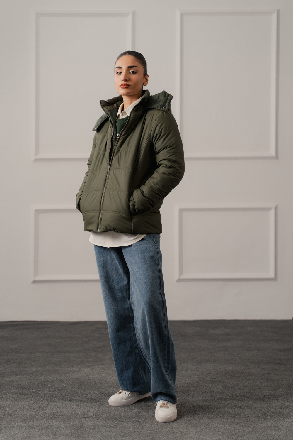 Green Relaxed Fit Hooded Puffer Jacket