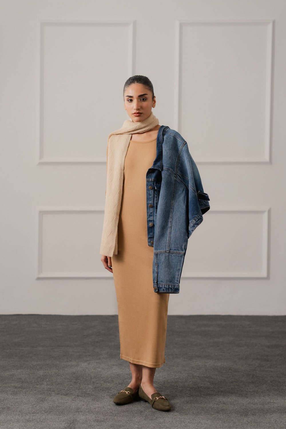 Beige Basic Long Sleeves Midi Dress - Hustle N Holla