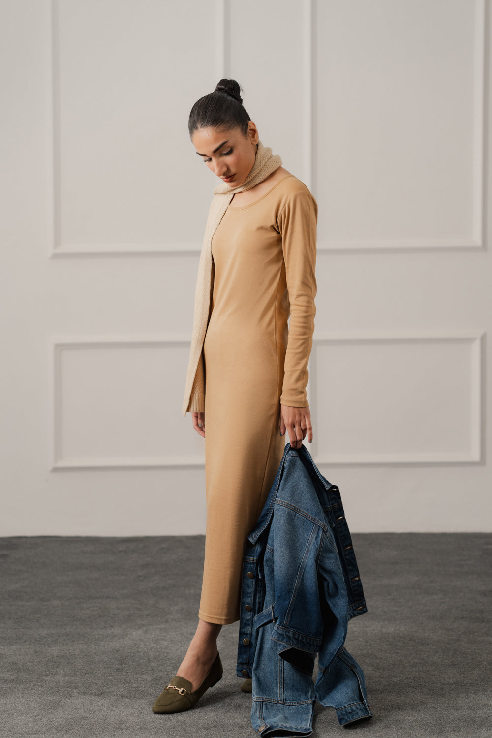 Beige Basic Long Sleeves Midi Dress - Hustle N Holla