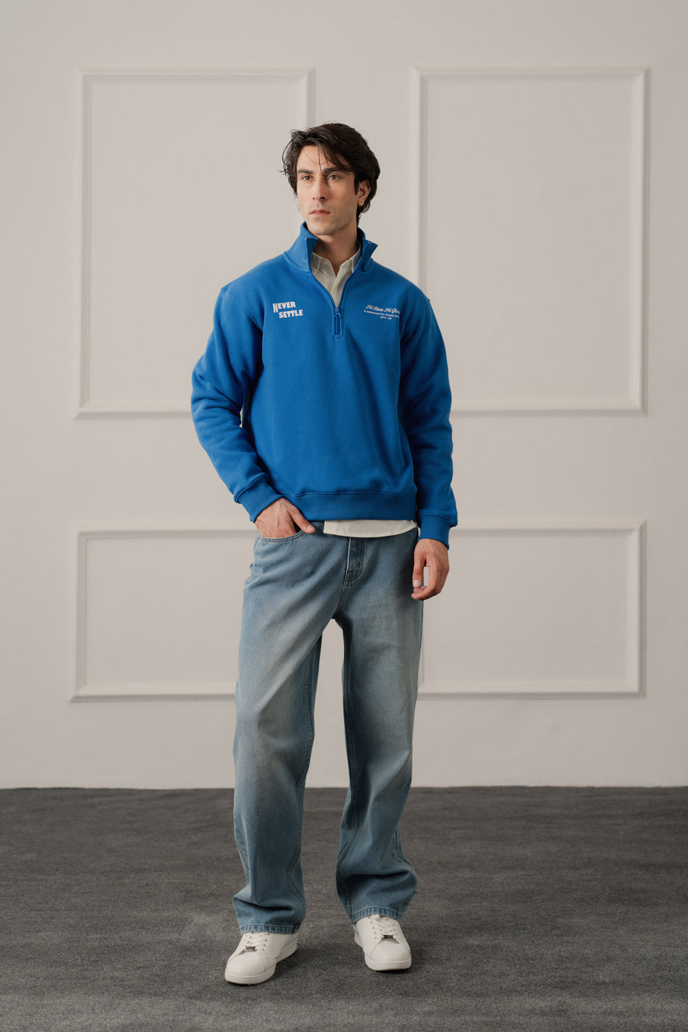 Royal Blue Relaxed Fit Mock Neck ZIpper Sweatshirt