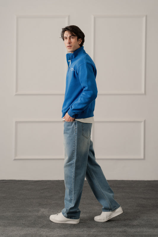 Royal Blue Relaxed Fit Mock Neck ZIpper Sweatshirt - Hustle N Holla