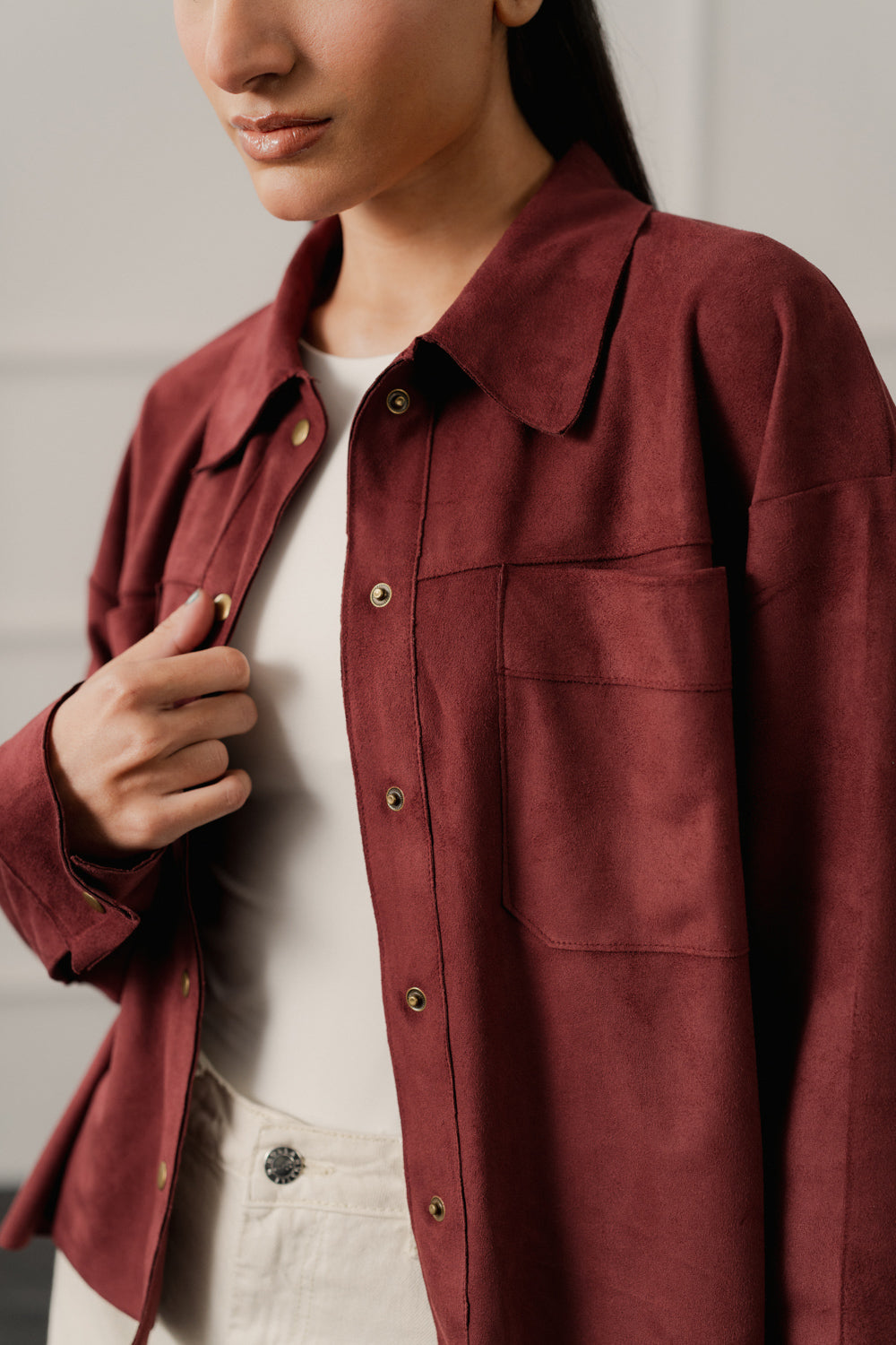 Burgundy Relaxed Fit Suede Shacket