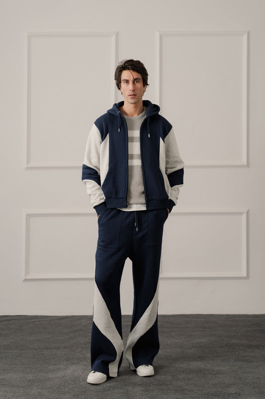 Navy Straight Fit Panelled Trousers - Hustle N Holla