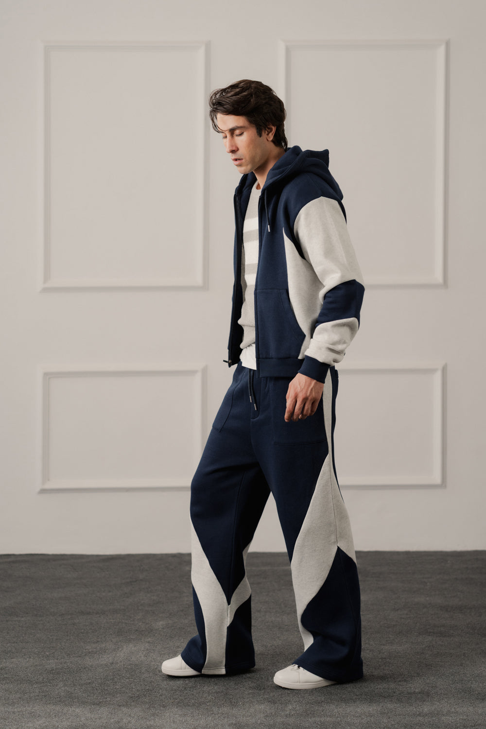 Navy Straight Fit Panelled Trousers