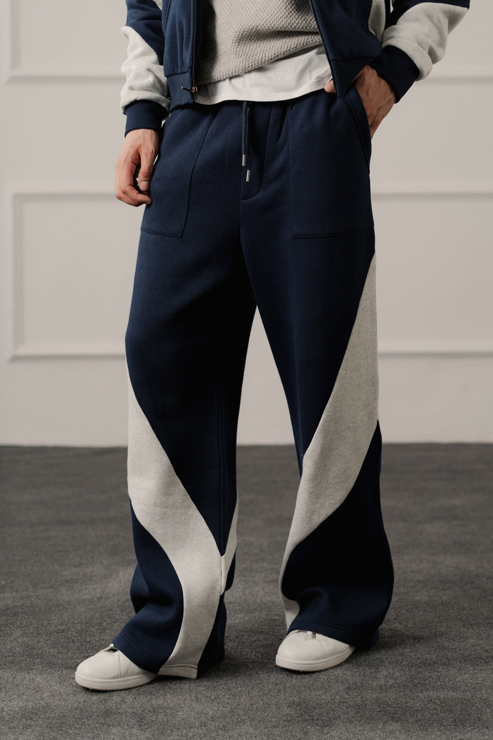 Navy Straight Fit Panelled Trousers - Hustle N Holla