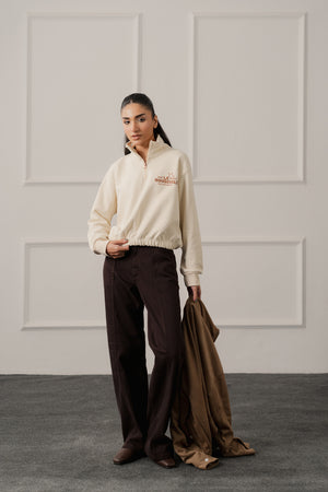 Beige Relaxed Fit Mock Neck Graphic Sweatshirt - Hustle N Holla