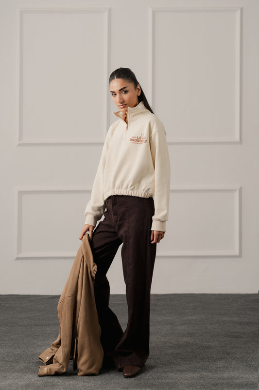 Beige Relaxed Fit Mock Neck Graphic Sweatshirt - Hustle N Holla