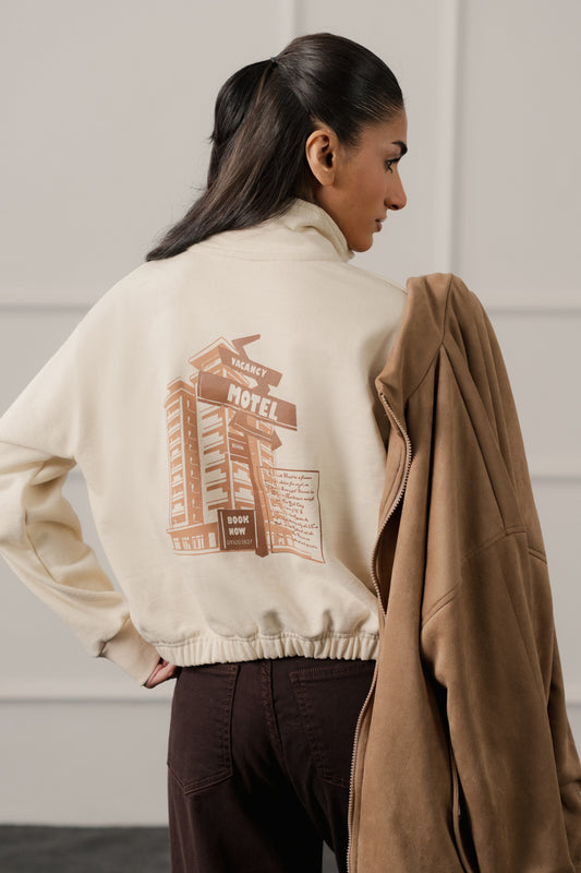 Beige Relaxed Fit Mock Neck Graphic Sweatshirt - Hustle N Holla