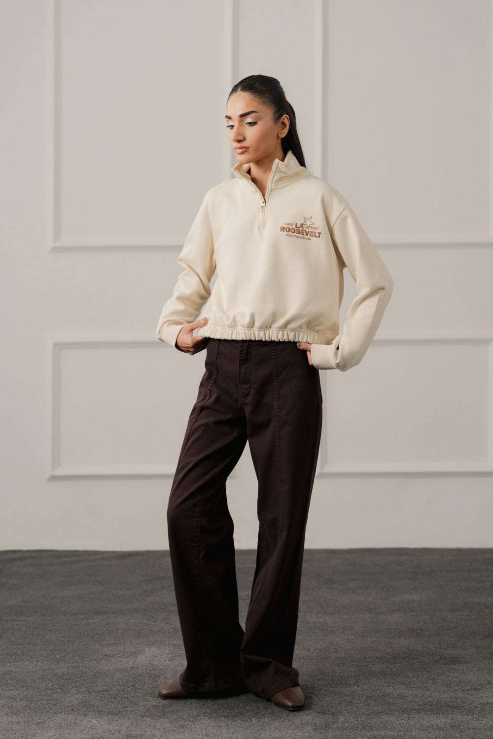 Beige Relaxed Fit Mock Neck Graphic Sweatshirt