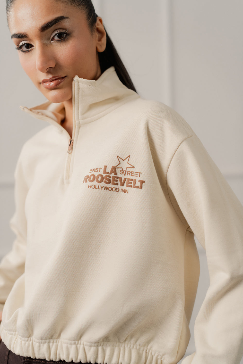 Beige Relaxed Fit Mock Neck Graphic Sweatshirt - Hustle N Holla