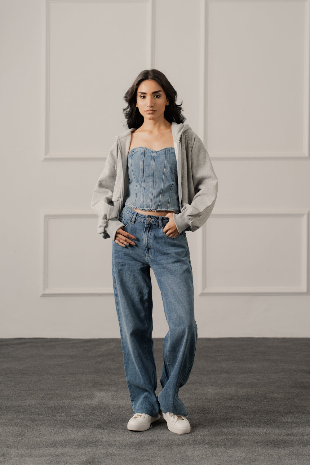 Grey Oversized Crop Graphic Zipper Hoodie - Hustle N Holla