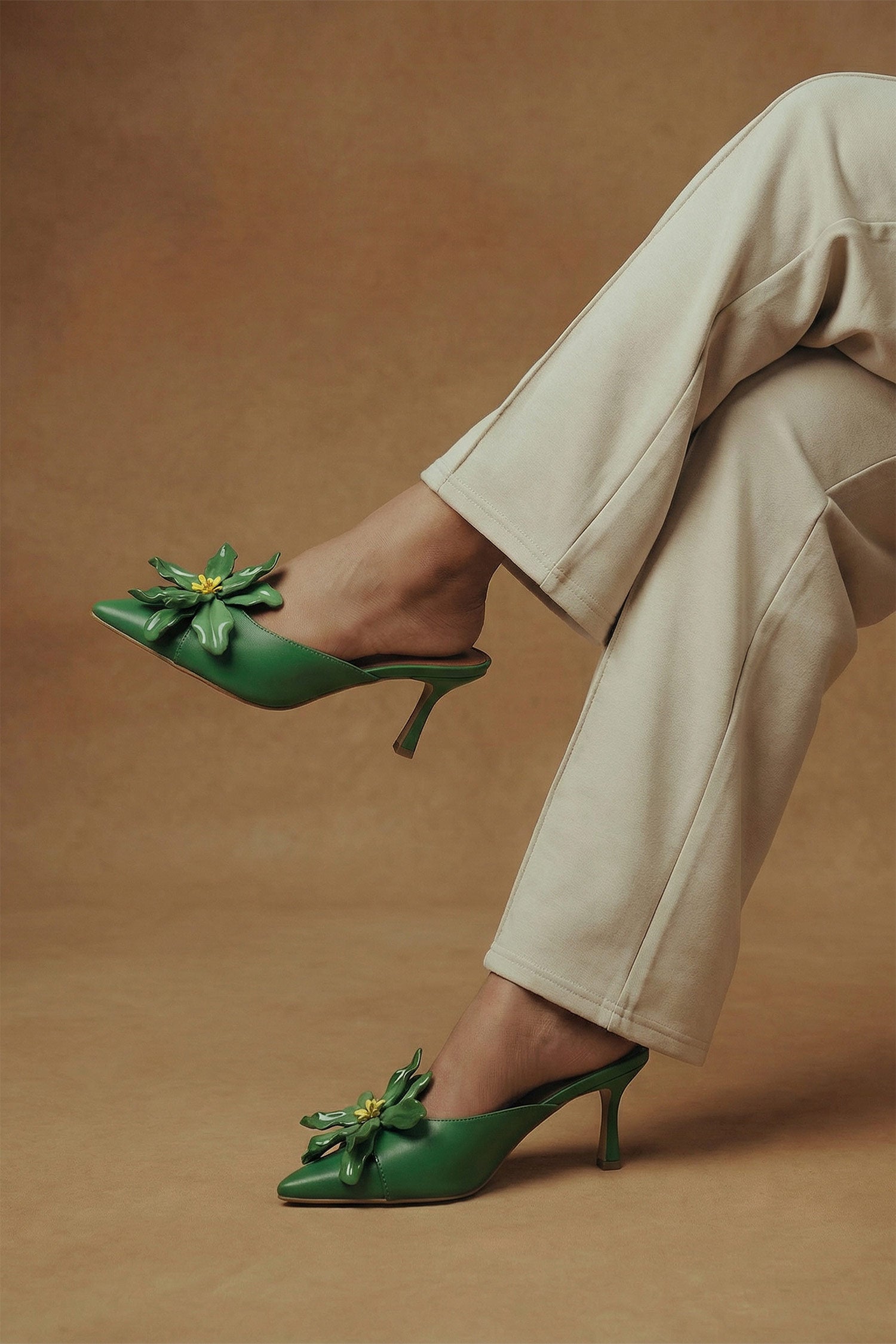 Floral Detail Green  Kitten Heels