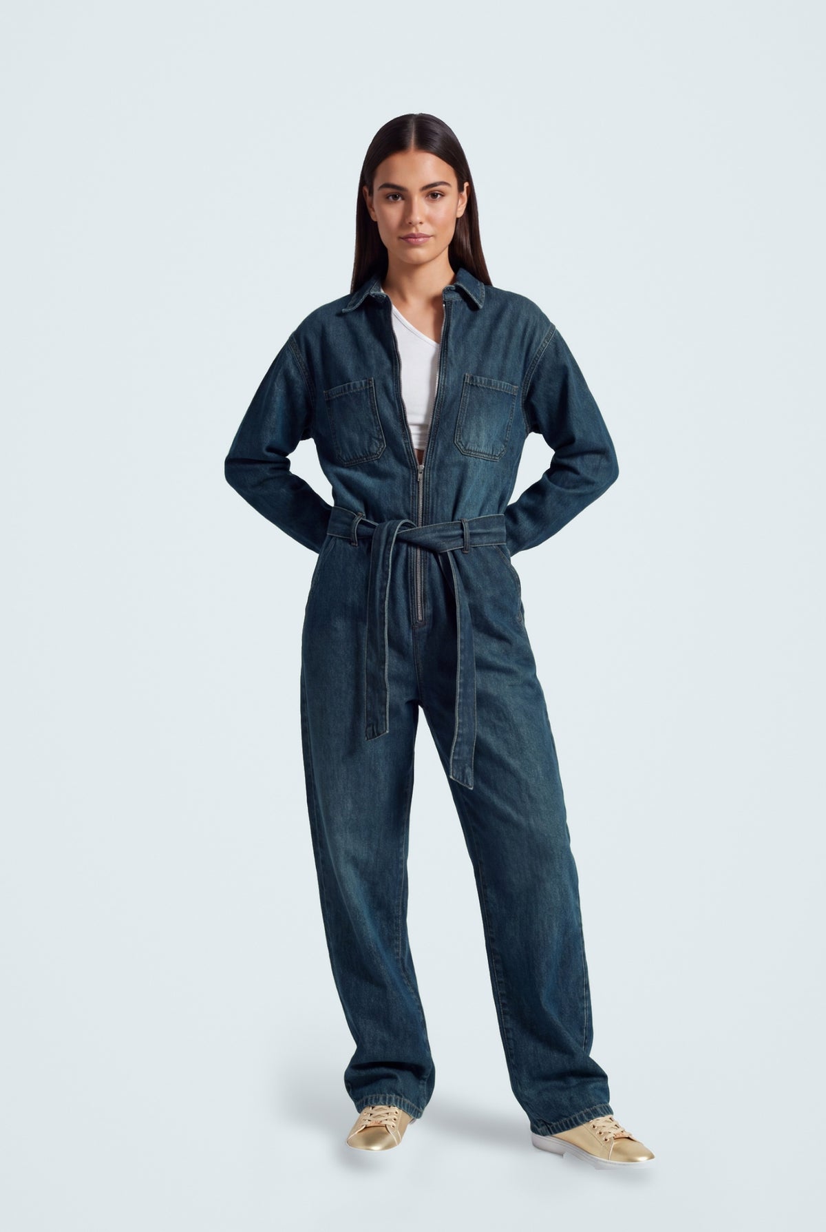Indigo Wash Belted Denim Jumpsuit - Hustle N Holla