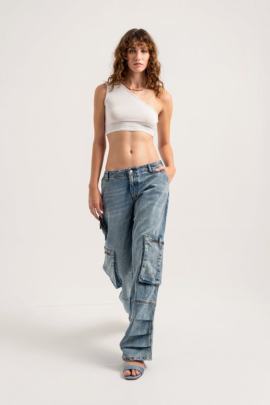 Acid Blue High Waisted Cargo Jeans - Hustle N Holla