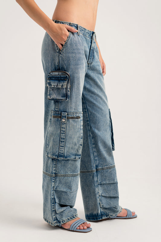 Acid Blue High Waisted Cargo Jeans - Hustle N Holla