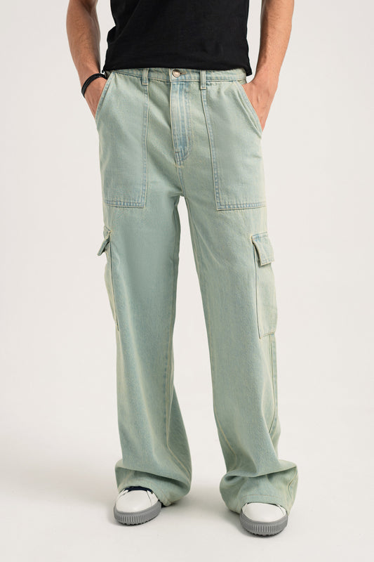 Light Vintage Wash Straight Fit Cargo Jeans - Hustle N Holla