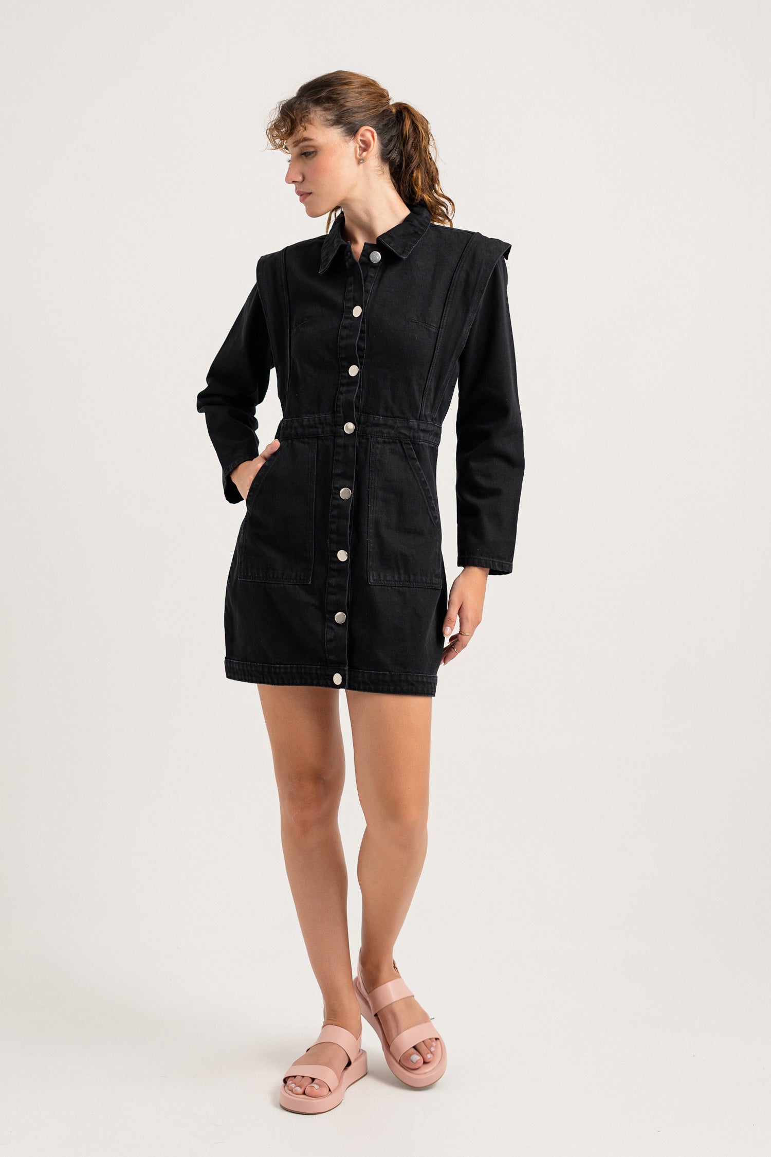 Black Button-down Mini Slim Fit Denim Dress