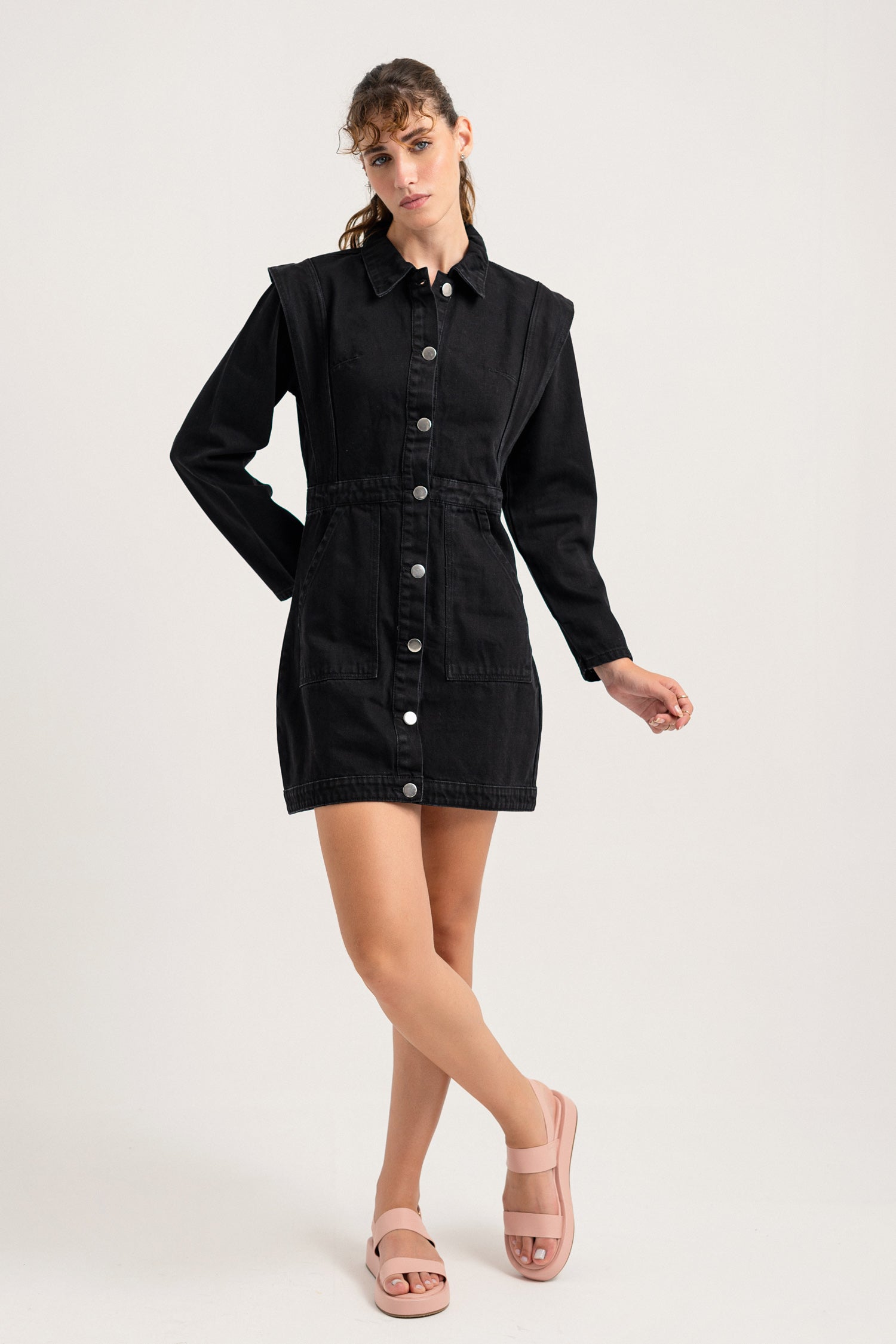 Black Button-down Mini Slim Fit Denim Dress - Hustle N Holla