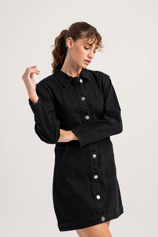 Black Button-down Mini Slim Fit Denim Dress - Hustle N Holla