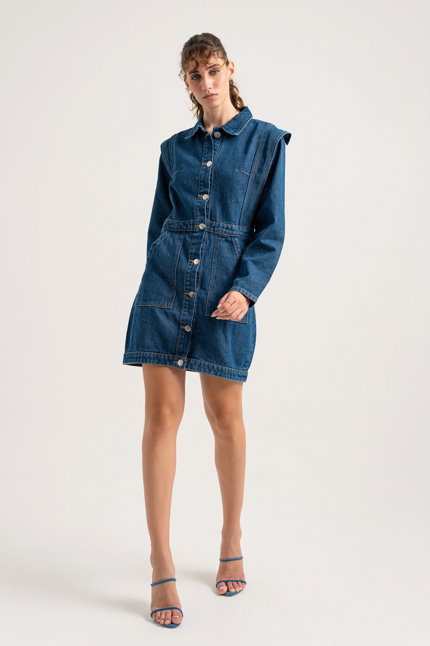 Dark Blue Button-down Mini Slim Fit Denim Dress