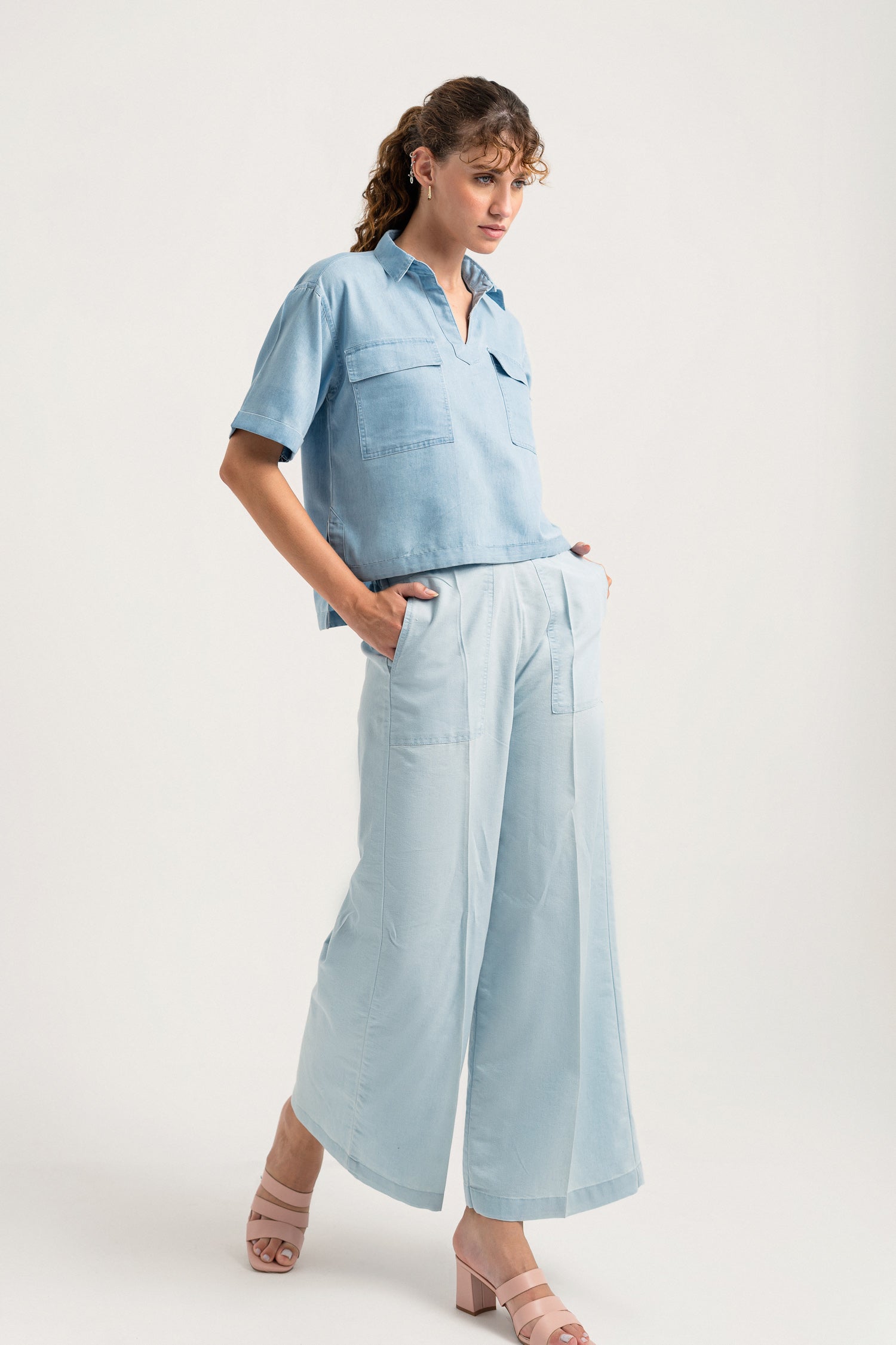 Light Blue Wide Leg Chambray Pants - Hustle N Holla