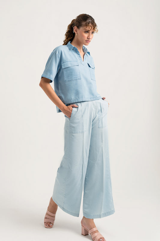 Light Blue Wide Leg Chambray Pants - Hustle N Holla