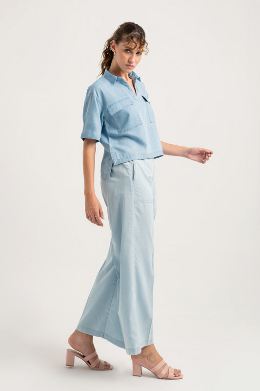 Light Blue Wide Leg Chambray Pants - Hustle N Holla