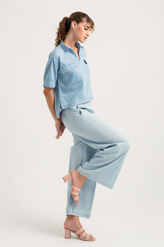 Light Blue Wide Leg Chambray Pants - Hustle N Holla