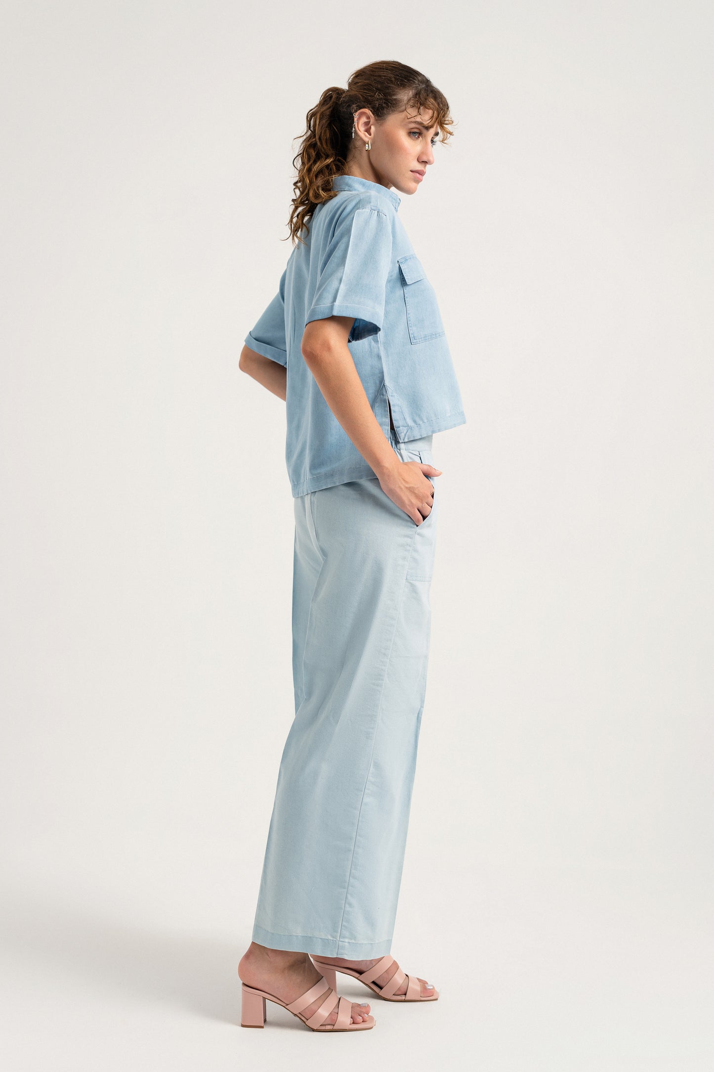 Light Blue Wide Leg Chambray Pants - Hustle N Holla