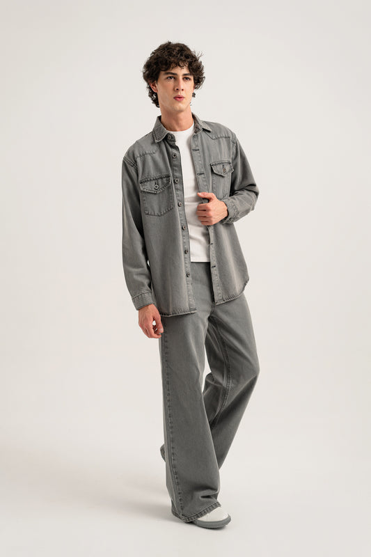 Acid Grey Regular Fit Denim Shacket - Hustle N Holla