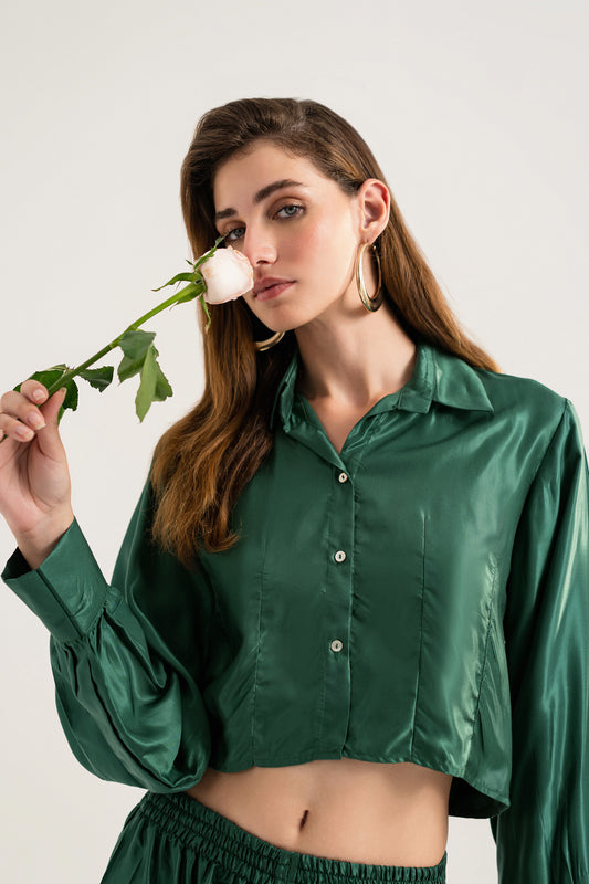 Bottle Green button-down Crop Top - Hustle N Holla