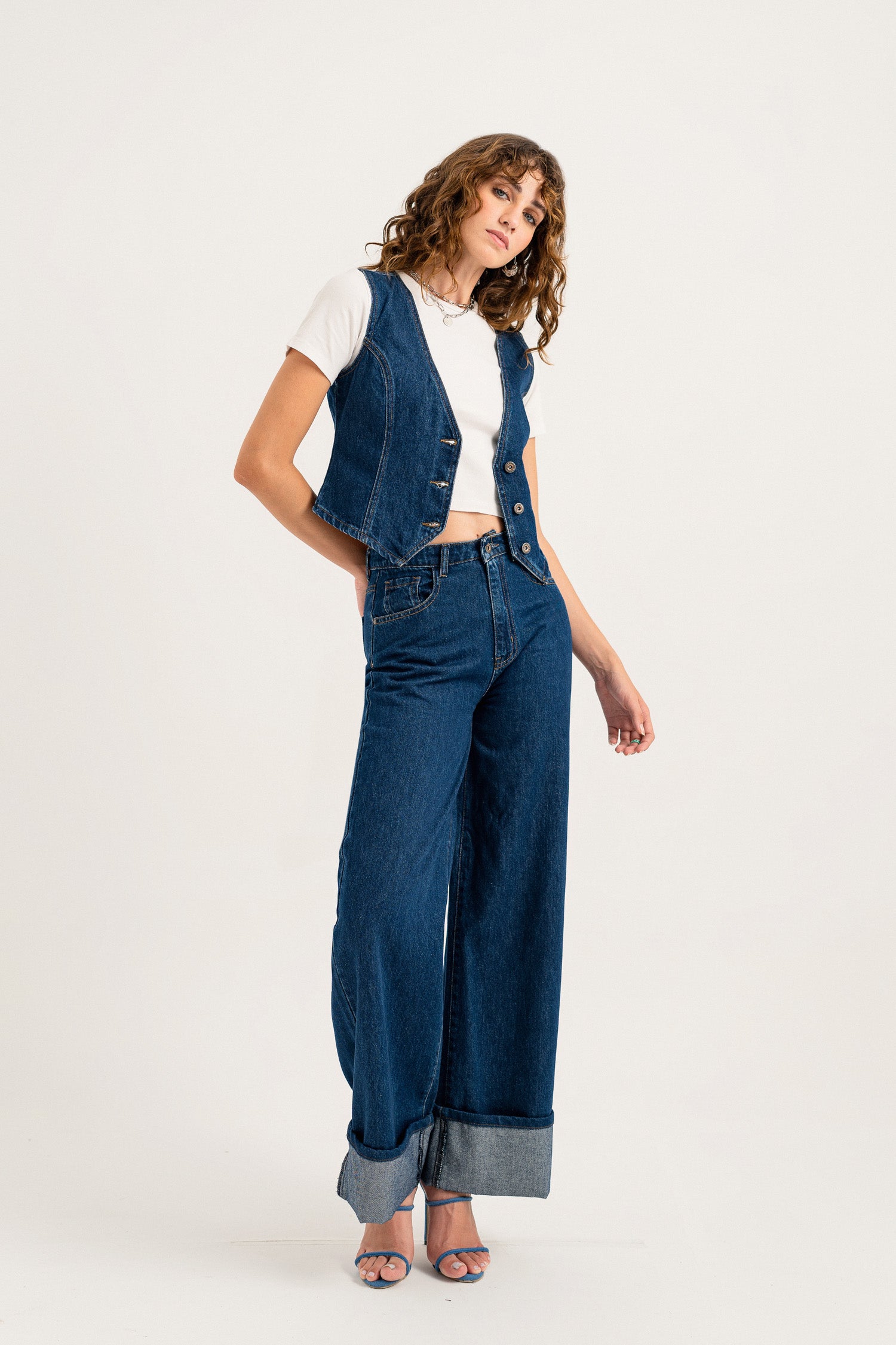 Dark Blue Turn Over Hem Wide Leg Jeans