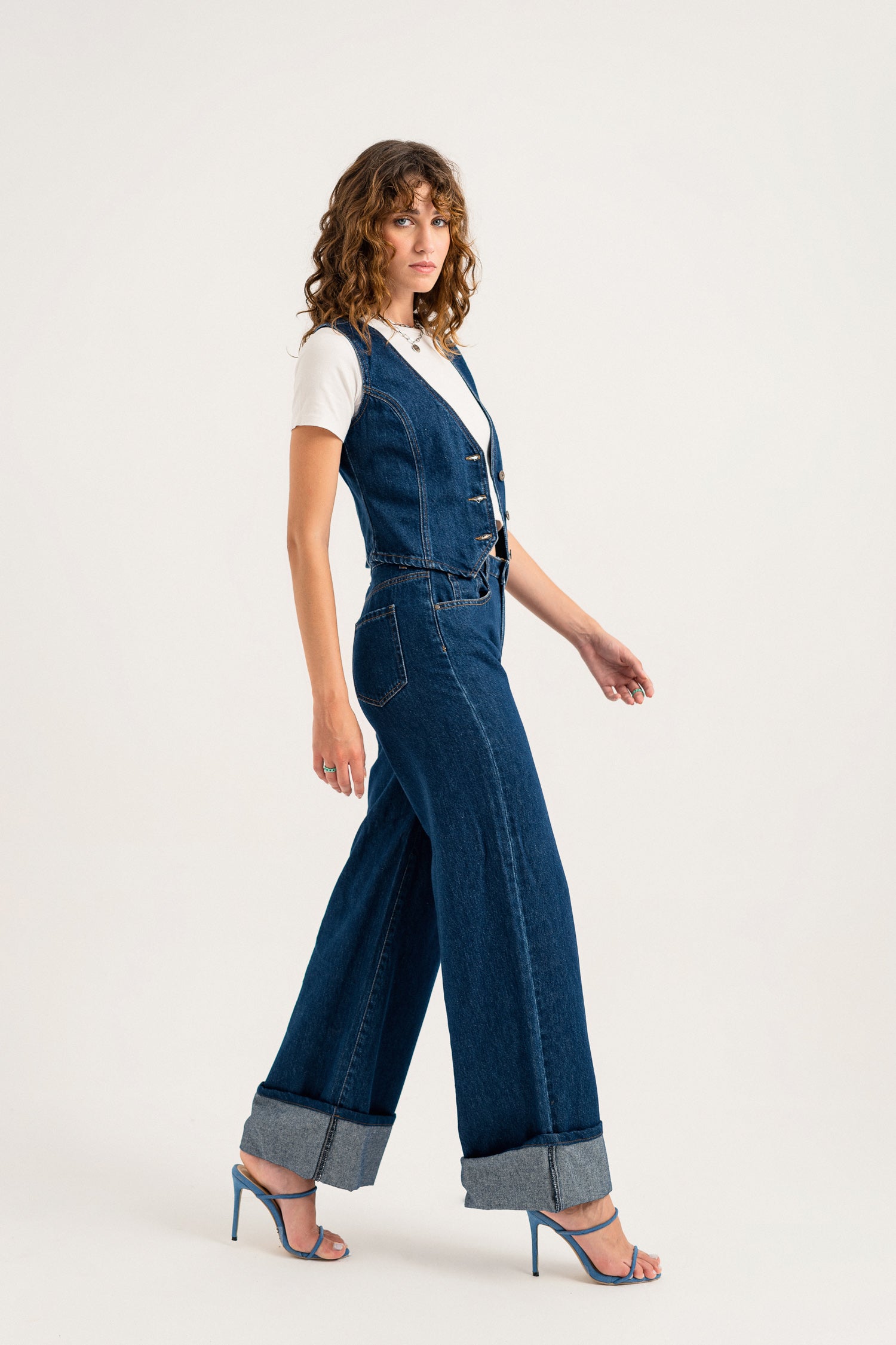 Dark Blue Turn Over Hem Wide Leg Jeans - Hustle N Holla