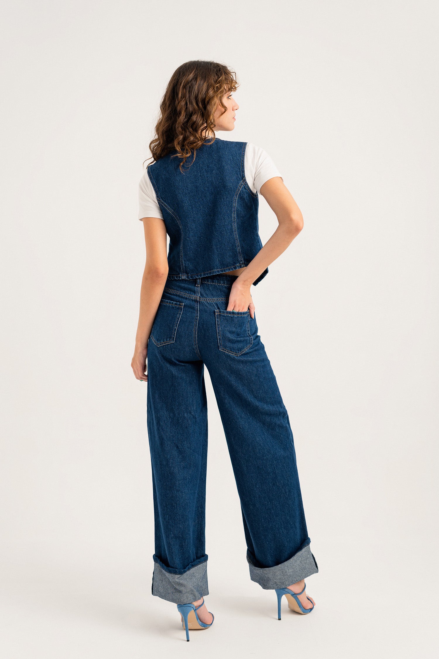 Dark Blue Turn Over Hem Wide Leg Jeans - Hustle N Holla