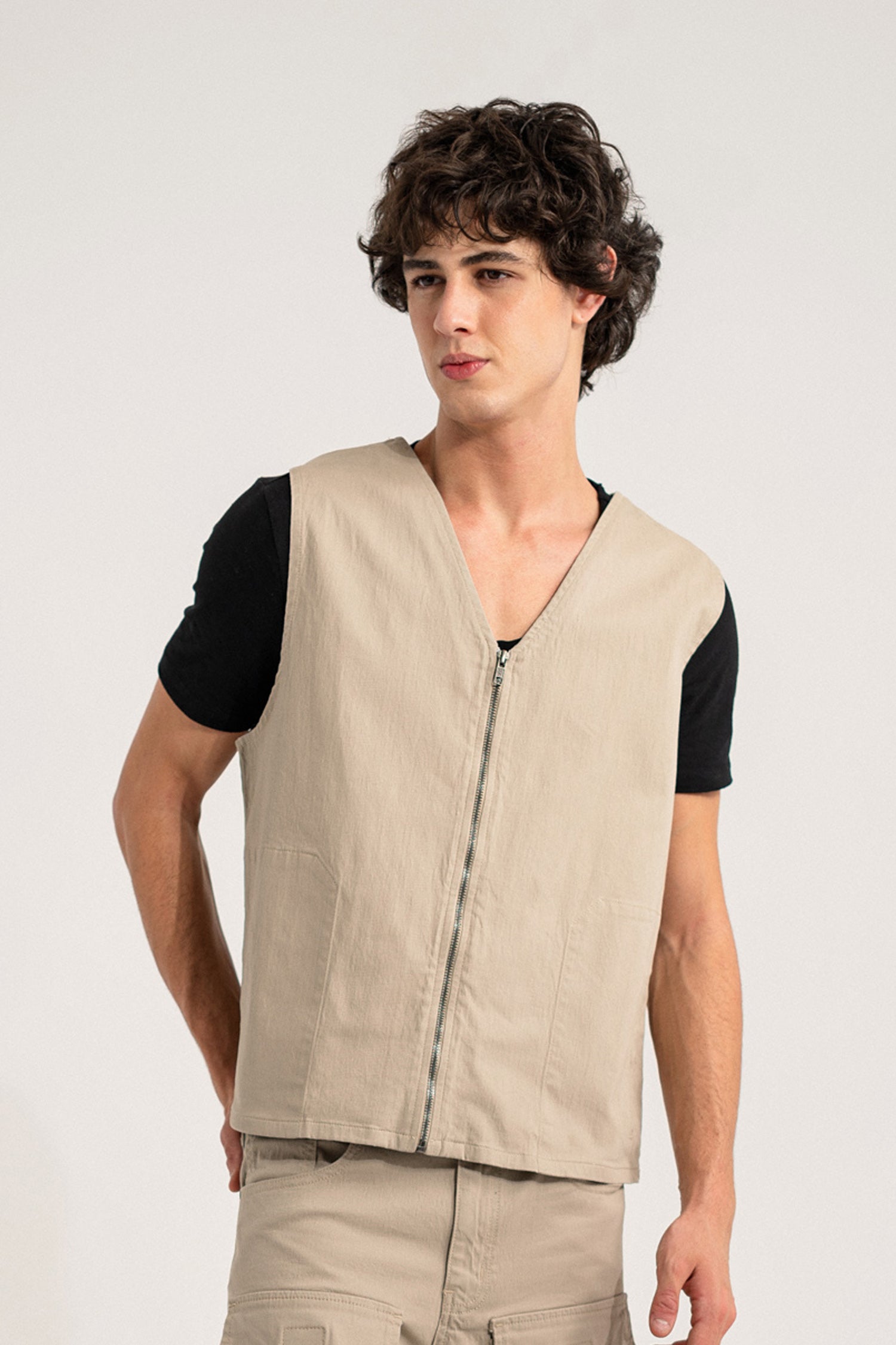 Beige Regular Fit Sleeveless Jacket - Hustle N Holla