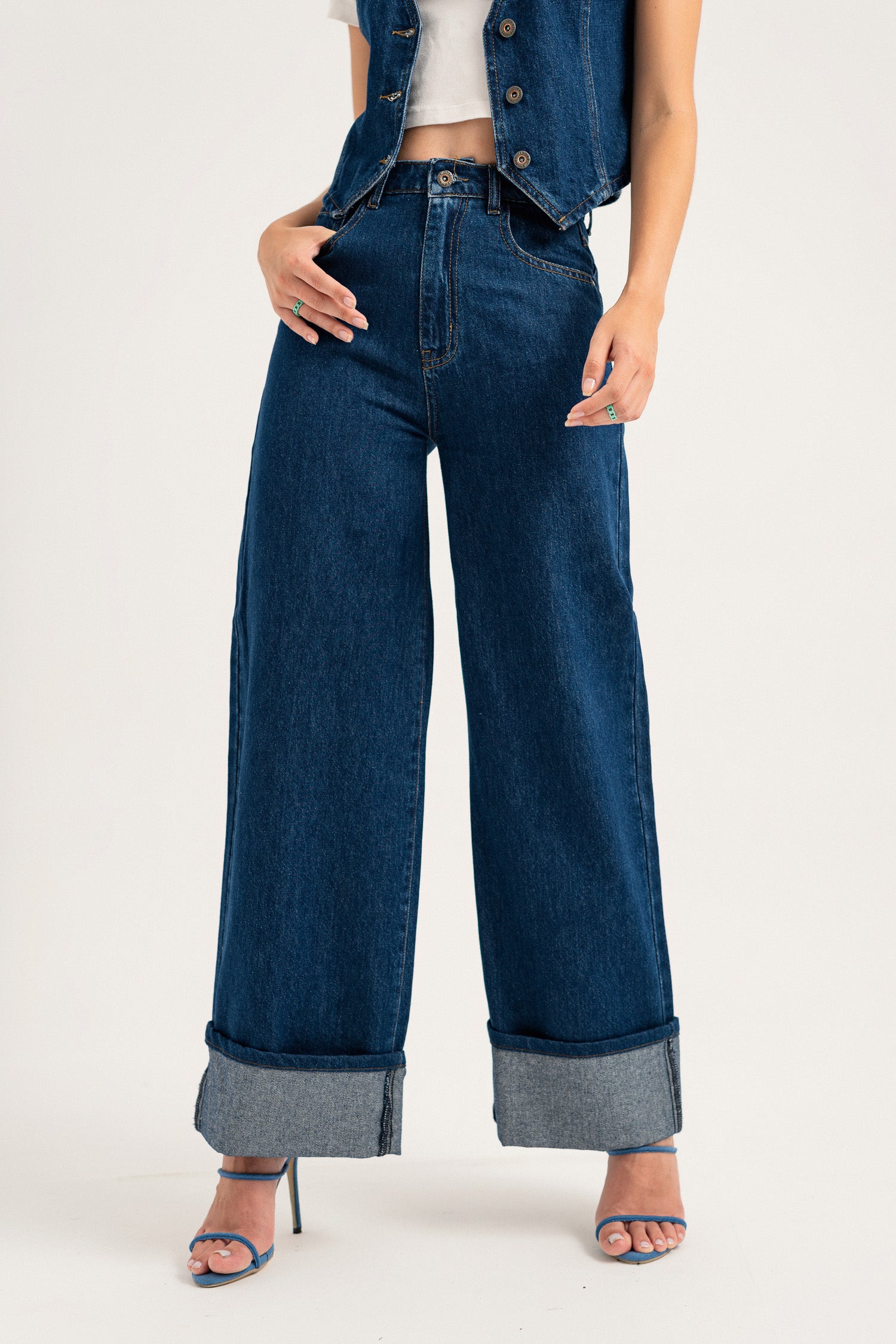 Dark Blue Turn Over Hem Wide Leg Jeans - Hustle N Holla