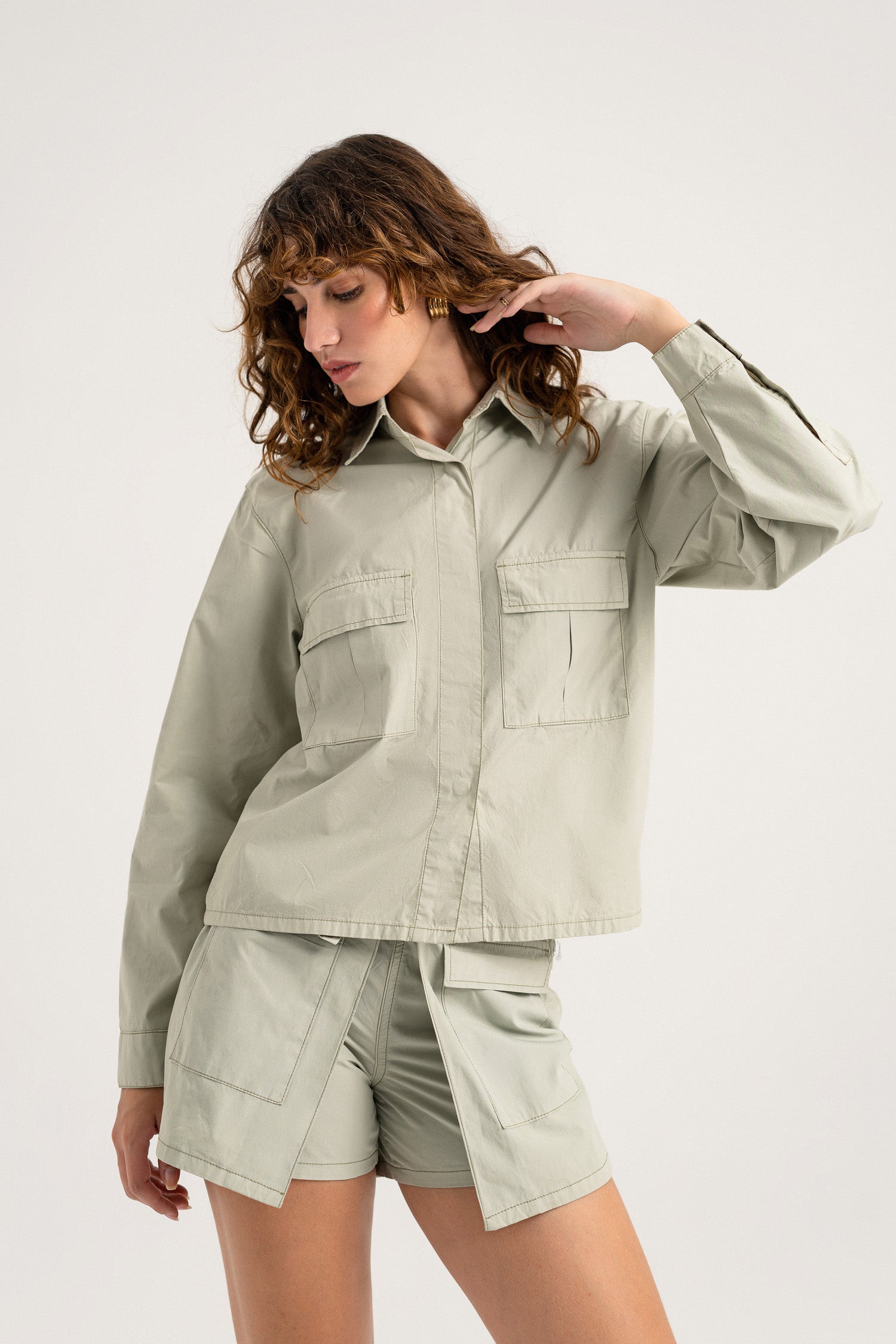 Sage Green Relaxed Fit Crop Shirt - Hustle N Holla