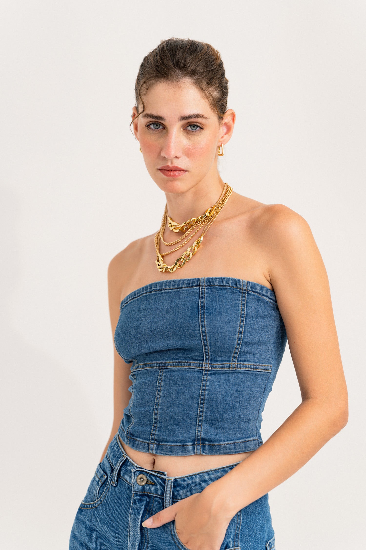 Stone Wash Bandeau Denim Top