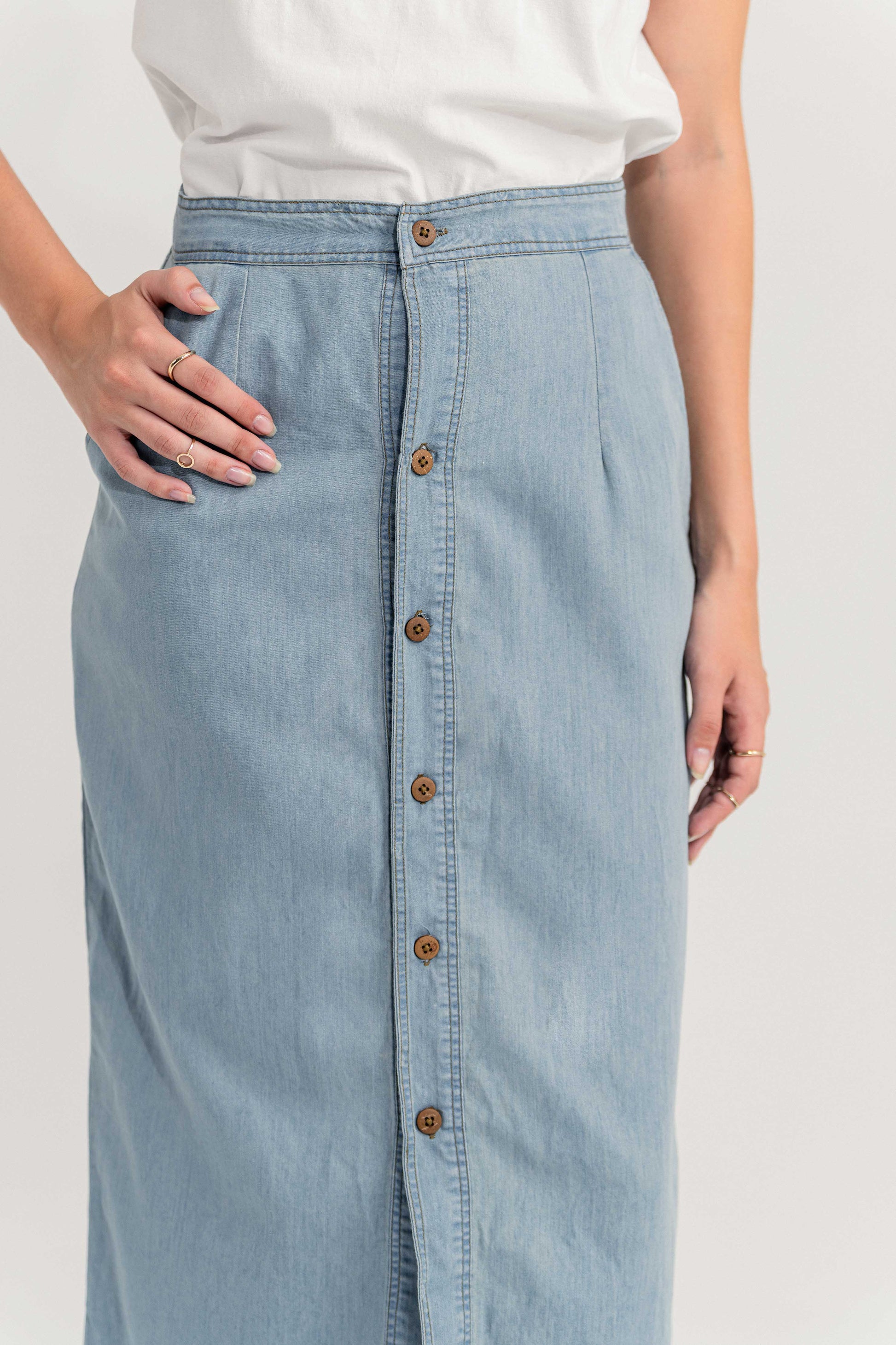 Light Wash Chambray Buttoned Pencil Skirt - Hustle N Holla