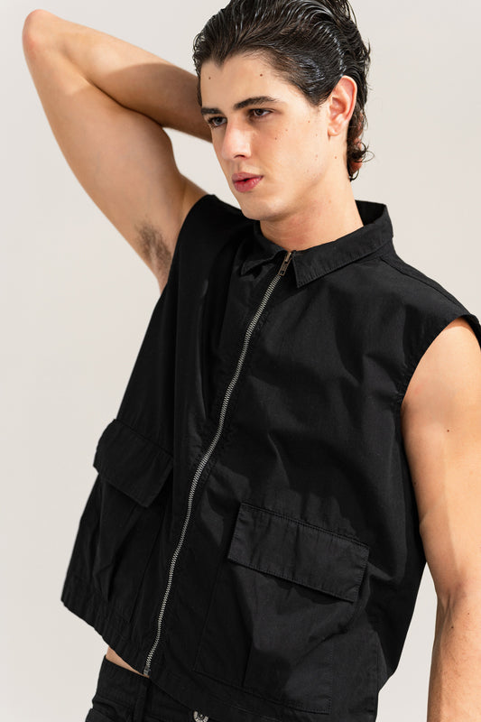 Jet Black Sleeveless Canvas Jacket - Hustle N Holla