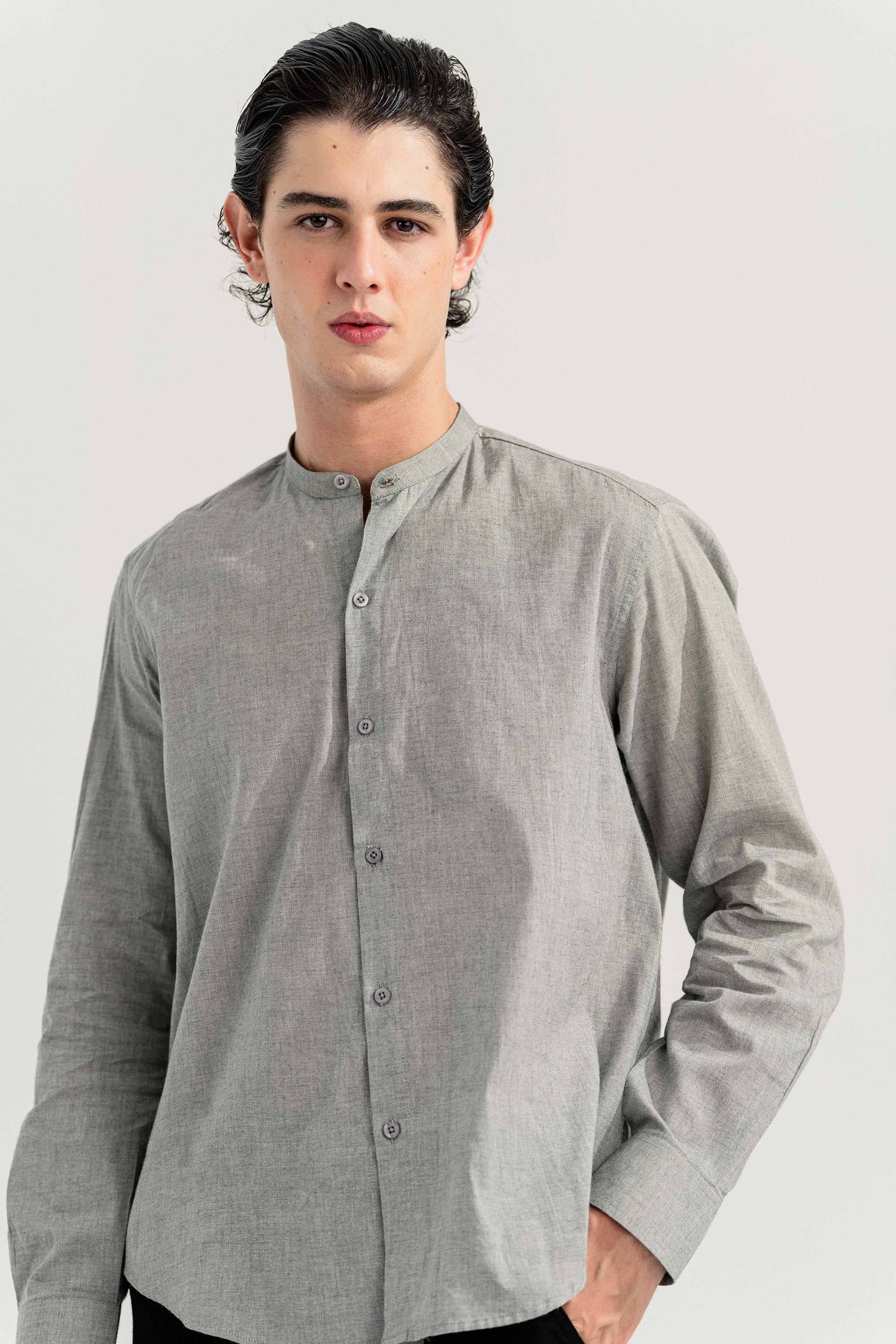 Grey Slim Fit Ban Collar Shirt - Hustle N Holla