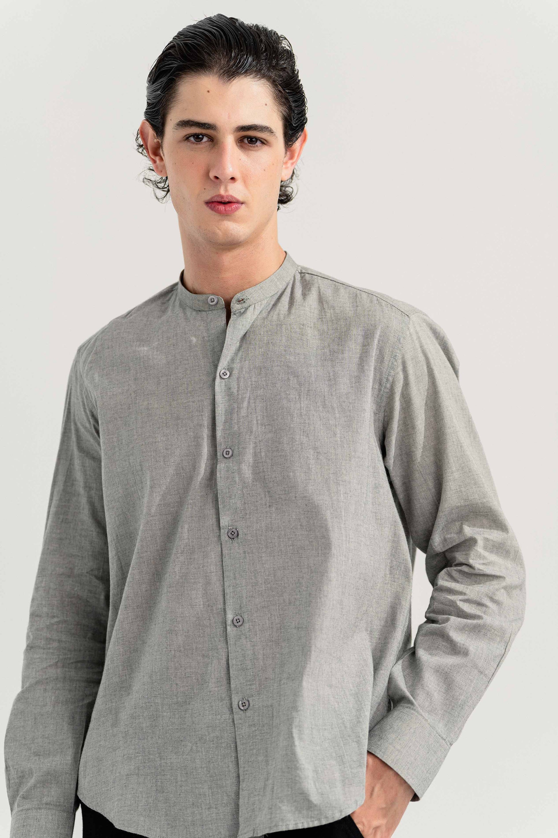 Grey Slim Fit Ban Collar Shirt - Hustle N Holla