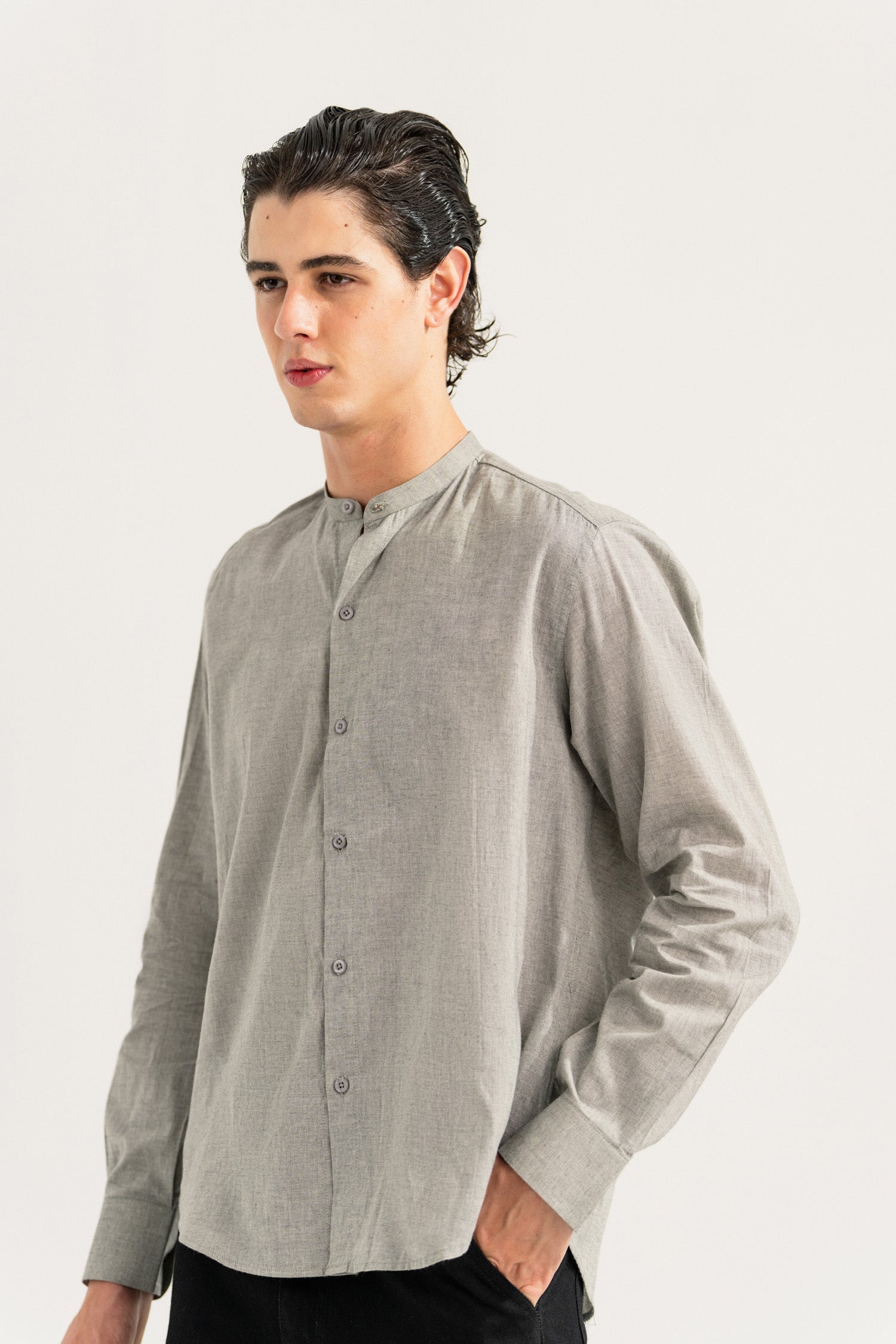 Grey Slim Fit Ban Collar Shirt