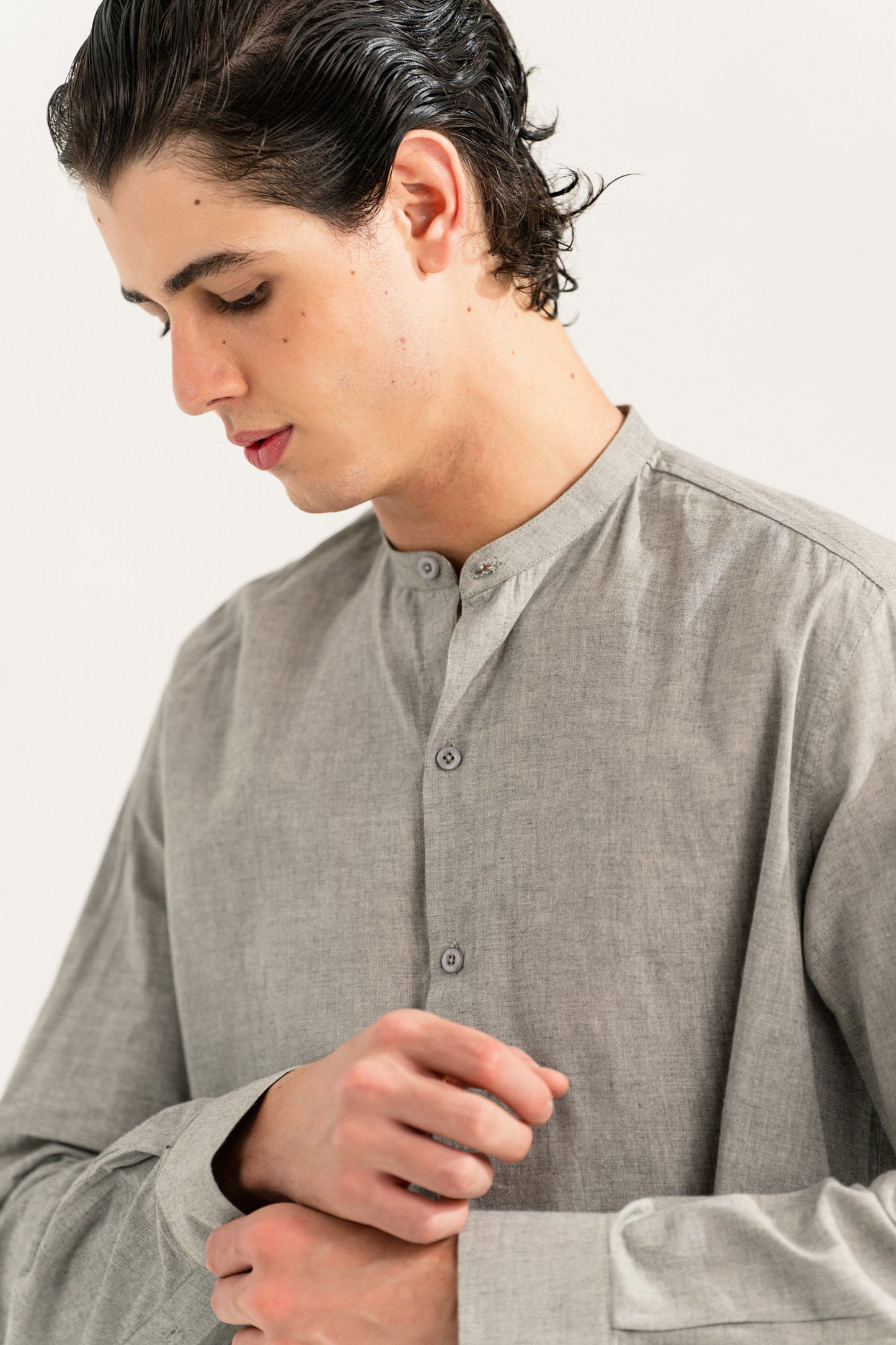 Grey Slim Fit Ban Collar Shirt - Hustle N Holla