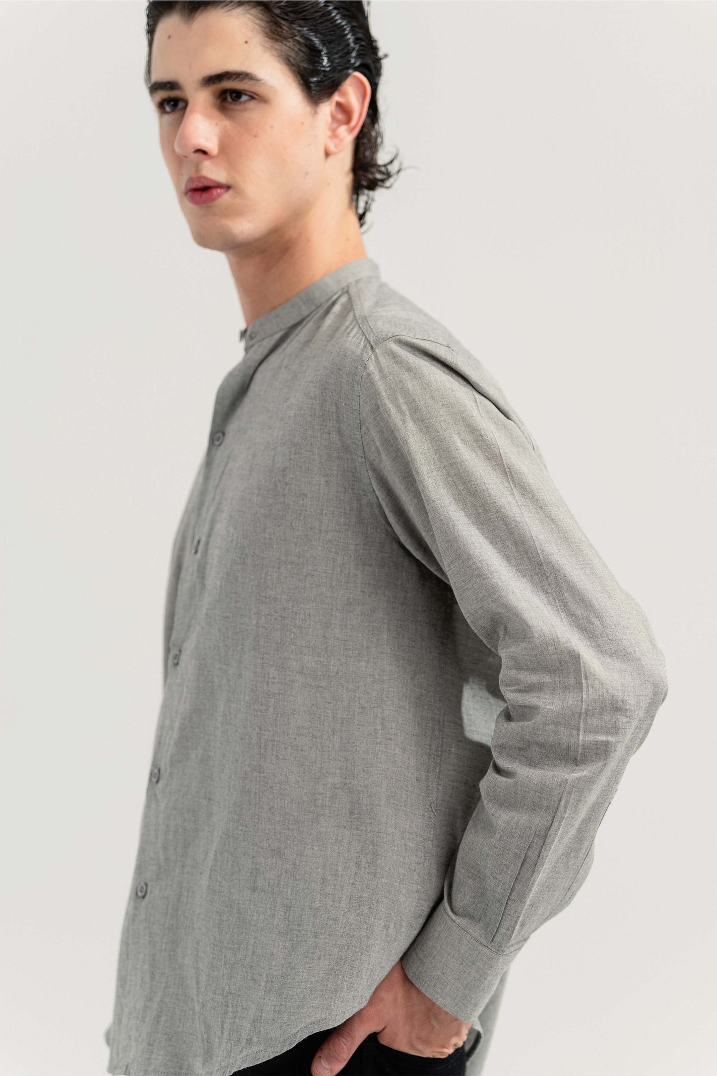 Grey Slim Fit Ban Collar Shirt - Hustle N Holla